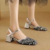 Advbridge Fashion Sequin Bling Bling Ankle Strap Women Slingback Glitter Sandals Square Toe Block High Heels Ladie Party Wedding Shoes 48