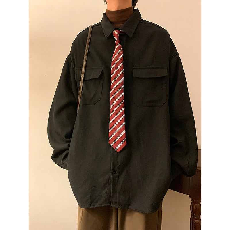 ADVBRIDGE  -  Spring Long Sleeved Shirt Men Fashion Retro Pocket Shirt Men Japanese Streetwear Loose Casual Shirt Mens Vintage Shirts M-3XL