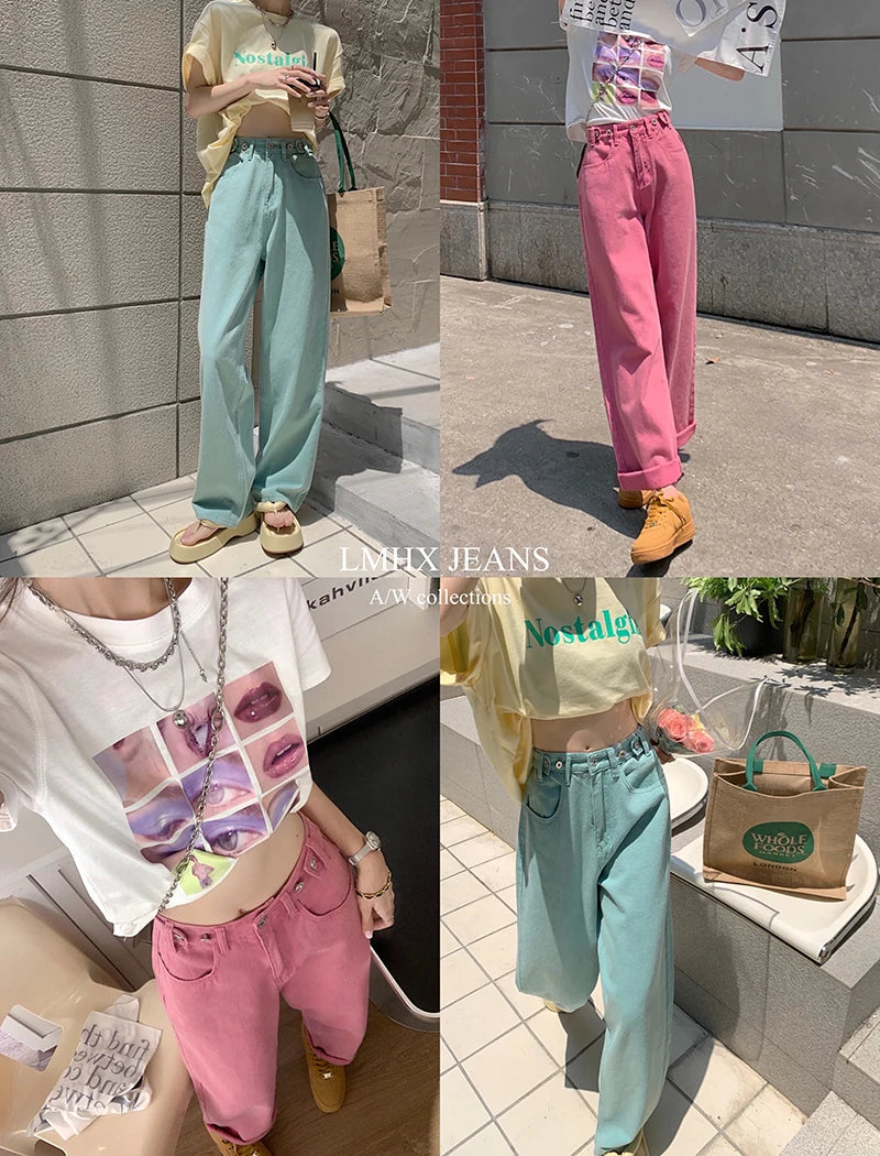 Advbridge  -  S-XL 2Colors Summer Woman high wiast Loose jeans streetwear trouser casual Green Wide leg Long denim pants womens(72968