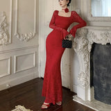 Advbridge Sexy Lace Bodycon Maxi Dresses for Women Flare Sleeve Square Collar Slim Mermaid Evening Party Dress Fishtail Vestidos Prom Robe