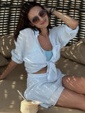 ADVBRIDGE  -  Vacation Beach Cover Up Sets Women Long Sleeve Loose Blouse And Holiday Casual Party Fashion Mini Skirts 2 Piece Suits
