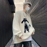 Advbridge New Vintage Cartoon Cat Sweaters Men Autumn Japanese Harajuku Loose Pullover Street Y2k Trend Soft Glutinous Male Knitted Top