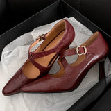 ADVBRIDGE  -  Women's pleated sheepskin narrow band cross strap slip-on pumps pointed toe 8cm thin high heel elegant ladies slim dress heels