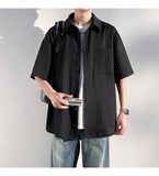 ADVBRIDGE  -  Men's Vertical Stripe Lapel Textured Loose-Fit Short Sleeve Shirt Casual Breathable Top Comfortable Wear, Trendy Summer Style