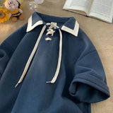 Advbridge Checked Short-sleeved T-shirt Women Men's Summer Trend Casual Lapel T-shirt Youth Versatile Mid-sleeved Hong Kong Style Top