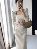 Advbridge Elegant Long Sleeve Midi Dresses for Women Square Collar Slim Waist Bodycon Split Dress Autumn New Solid Office Lady Vestidos