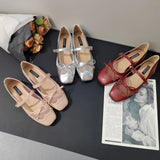 ADVBRIDGE  -  Leather Mesh Patchwork Designer Mary Jane Shoes Woman Elegant Red Bow Square Toe Ballet Flats Comfortable Breathable Flat Shoes