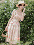 ADVBRIDGE  -  Women's Pink Sweet Dress Summer French Romantic Fairy Dresses for Elegant Square Collar Lace Printed Retro Vestidos be mujer