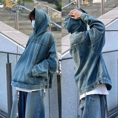 Advbridge Vintage Denim Sweatshirt Hoodie Streetwear Hip-hop Jacket Men Autumn Women Pullover Casual Loose Long Sleeve Denim Jacket