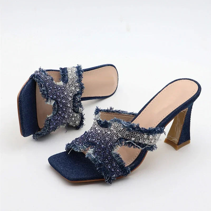 ADVBRIDGE  -  Luxury Design Crystal Rhinestone Women Slippers Sandal Blue Denim Summer 8CM Slides High Heels Sexy Square Toe Party Dress Shoes