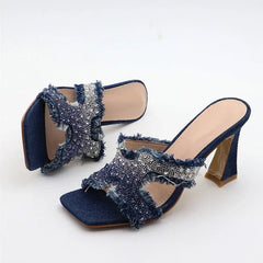 ADVBRIDGE  -  Luxury Design Crystal Rhinestone Women Slippers Sandal Blue Denim Summer 8CM Slides High Heels Sexy Square Toe Party Dress Shoes