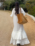 ADVBRIDGE  -  Fringed Lace Up Long Dress Ruffle Pleated Slit Tassel Baggy Slimming Fashion Layered Robes Vacation Beach Women Maxi Dresses New