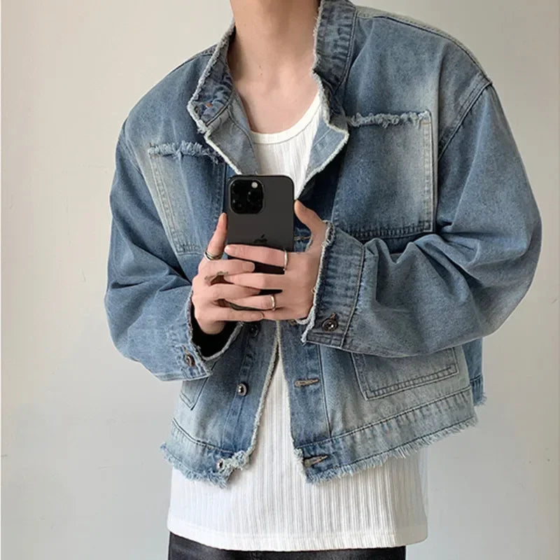 Advbridge Mens Hip-hop Denim Jacket Gradient Rough Edge Shoulder Pads Cowboy Coat Single Breasted Short Fashion Casual Men Outwear New