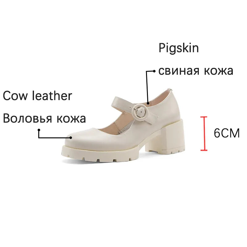 Advbridge New Cow Leather Mary Jane Women's Shoes LEISURE Buckle Platform Shoes Shallow Pumps Round Toe Shoes Woman Zapatos De Mujer