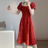 ADVBRIDGE  -  Spring Dress Women's Red Printed Retro Square Neck Dress Puff Sleeve Temperment Feminine Chiffon Vestidos Elegant Female