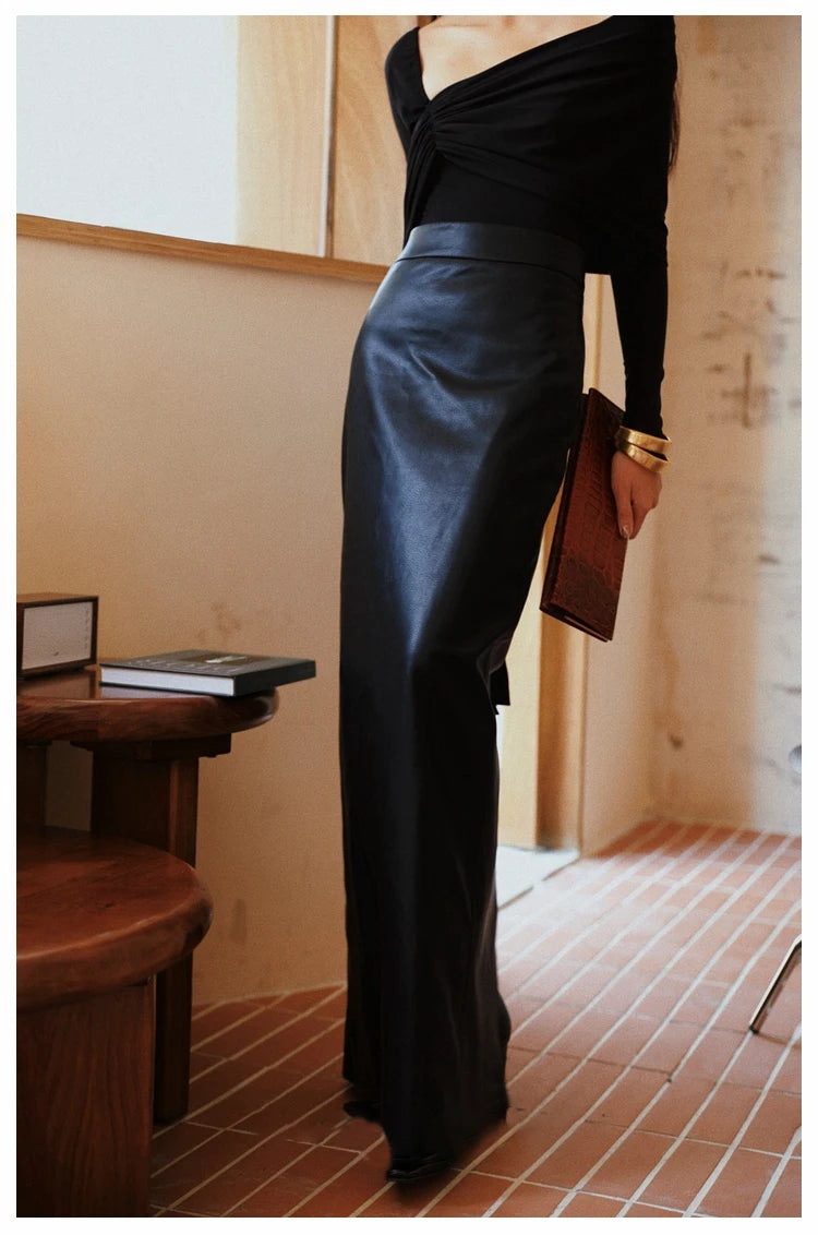 Advbridge Spring Autumn Black Soft Pu Leather Floor Length Straight Skirt Women with Back Slit High Waist Extra Long Clothes