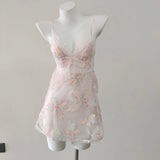 ADVBRIDGE  -  Cute Sleep Dress Lolita Night Women Sleepwear Small Chest Hollow Out Flower Lace Mesh Suspender Nightdress with Panty Pajama Set