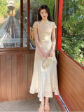 ADVBRIDGE  -  French Style Fashion Hollow Embroidery Fashion Dresses for Women Apricot Lace Patch Sweet Retro Print Dress Summer Elegant Lady