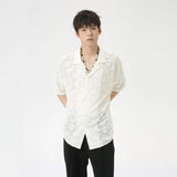 Advbridge Men's Wear 2024 Summer Flower Embroidery Hollow Out Cuban Collar Shirts Top Trendy Korean Streetwear Short Sleeve Shirt