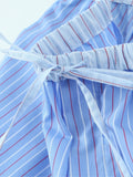 ADVBRIDGE  -  Blue Striped Two-piece Set Women Long Sleeve Pocket Blouse+Drawstring Pants Sets Spring New Fashion Casual Poplin Trouser Suits