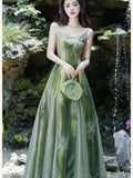 ADVBRIDGE  -  French Fashion Evening Dresses Women Retro New Chinese Style Ink Print Patchwork V-neck Elegant Sling Dress Summer Green Vestido