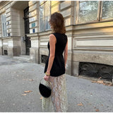 ADVBRIDGE  -  Elegant Lace Printed Patchwork Dresses Women Retro Perspective Sleeveless O-neck Long Dress Lady Spring Chic Street Party Robes