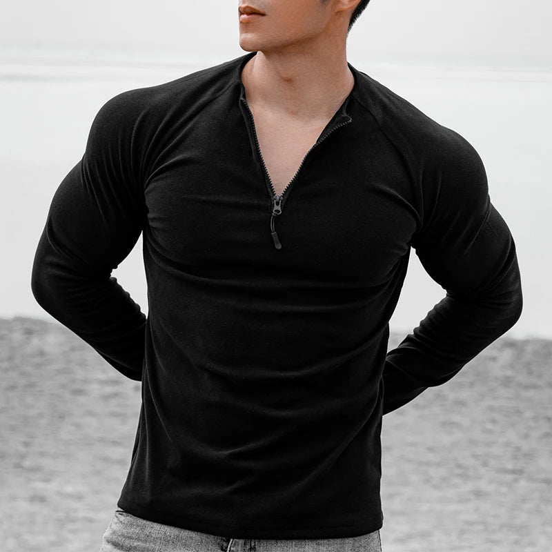 Advbridge Spring Autumn Muscle Elastic t Shirts Men Clothing Casual Solid Long Sleeve Pullover Tees For Man 2024 Slim O-Neck Zipper Tops