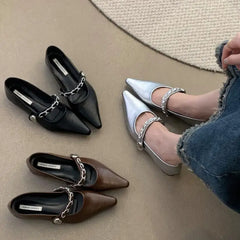 Advbridge  -  Pointed Toe Shoes Women 2024  Spring Fashion Shallow Buckle Ladies Elegant Flat Heel Single Shoe Metal Chain Mary Jane Mujer