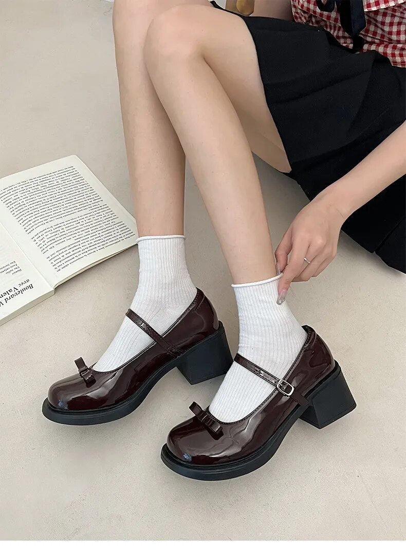 Advbridge Vintage High Heel Mary Jane Shoes for Women New Summer Bow Brown Round Head English Style Small Leather Shoes