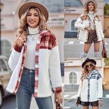 Advbridge Winter Casual Thick Spliced Lapel Loose Long Sleeve Plush Jackets for Women Turndown Neck Warmer Winter Grid Jackets
