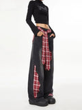 Advbridge American women retro bow tie tied jeans with grid splicing Harajuku Y2k loose casual slimming wide leg pants jeans woman