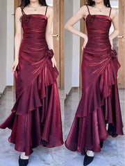 Advbridge Custom Sexy Wine Red Spaghetti Strap Satin Prom Gowns Tiered 3D Flowers Sleeveless Party Dress Women vestidos de festa