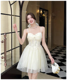 ADVBRIDGE  -  French Style Apricot Elegant Princess Dress Women Lace Strapless Sexy Mesh Mini Dresses Summer Sweet Kawaii Birthday Vestidos