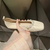 Advbridge Leather French evening style low heel small shoes 2024 spring/summer new soft leather pleated grandma shoes shallow mouth diamon