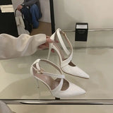 ADVBRIDGE  -  White Stiletto High Heels 11cm Black Pumps Woman Shoes Classy Pointed Toe Dress Shoes Belt Cross Burgundy Heels Talon Femme