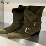 ADVBRIDGE  -  Short Boots Women Autumn/winter Genuine Leather Suede Square Toe Womens Shoes Two in One Foldable Thick Heel Midsole Boots Woman