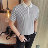 ADVBRIDGE  -  Men Pinstripe Polo Shirt - Summer Business Casual Half-Zipper  Turn-Down Collar Versatile Short Sleeve Top Stylish Everyday Wear