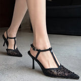 ADVBRIDGE  -  Sexy Pointy Toe Mesh Heeled Sandals Women Luxury Bling Decorated High Heels Elegant T-Strap Ankle Strap Buckle Party Dress Shoe