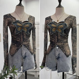 Advbridge Women's Sexy Mesh V-neck Navel-Baring T-shirt Skinny Hot Girl Denim Butterfly Embroidered Patchwork Top Essential Streetwear8921