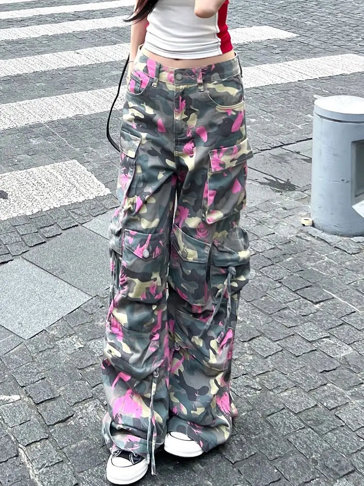 Advbridge American New Retro Pink Camouflage Multi-pocket Tooling Jeans Female Y2K Gothic Harajuku Hip Hop High Waist Slim Wide Leg Pants