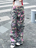 Advbridge American New Retro Pink Camouflage Multi-pocket Tooling Jeans Female Y2K Gothic Harajuku Hip Hop High Waist Slim Wide Leg Pants