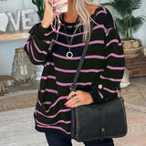 Advbridge Casual Women Purple/Black Striped Knitted Top Lady Elegant O-Neck Loose Autumn Sweaters Jumper Winter Long Sleeve Knit Pullover