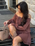 ADVBRIDGE  -  Chic Low Neck Lace Up Mini Dress Elegant Solid Flare Sleeve Pleated Off Shoulder Gown New Women Highstreet Holiday Dresses 2025