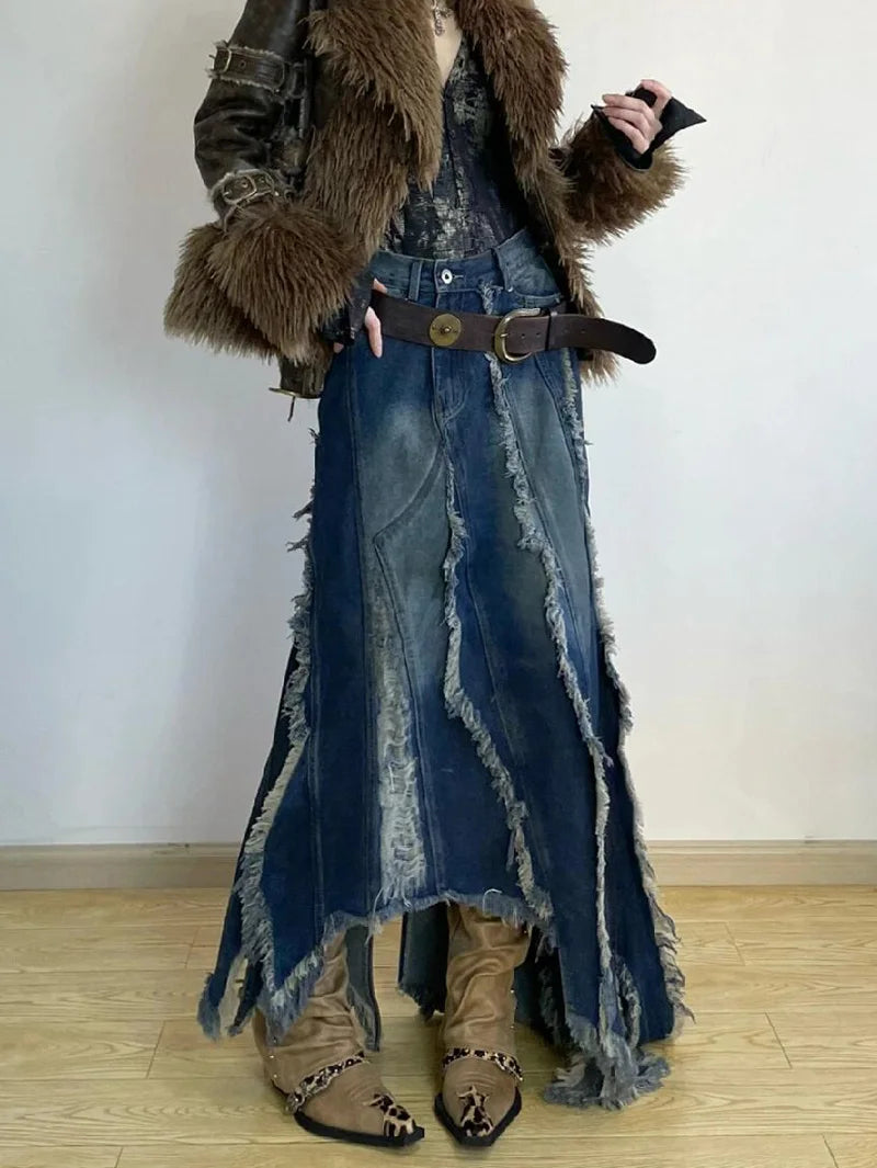 Advbridge Women Denim Skirt Y2k Emo 2000s Clothes Long Skirt Harajuku Korean 90s Fashion Vintage Gradient A-line Jean Skirt Grunge Clothes