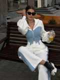 Advbridge Y2k Casual Two Piece Trousers Suit Denim Patchwork Short Zipper Hooded Top High Waisted Commuting Trousers and Sweatpants Suit
