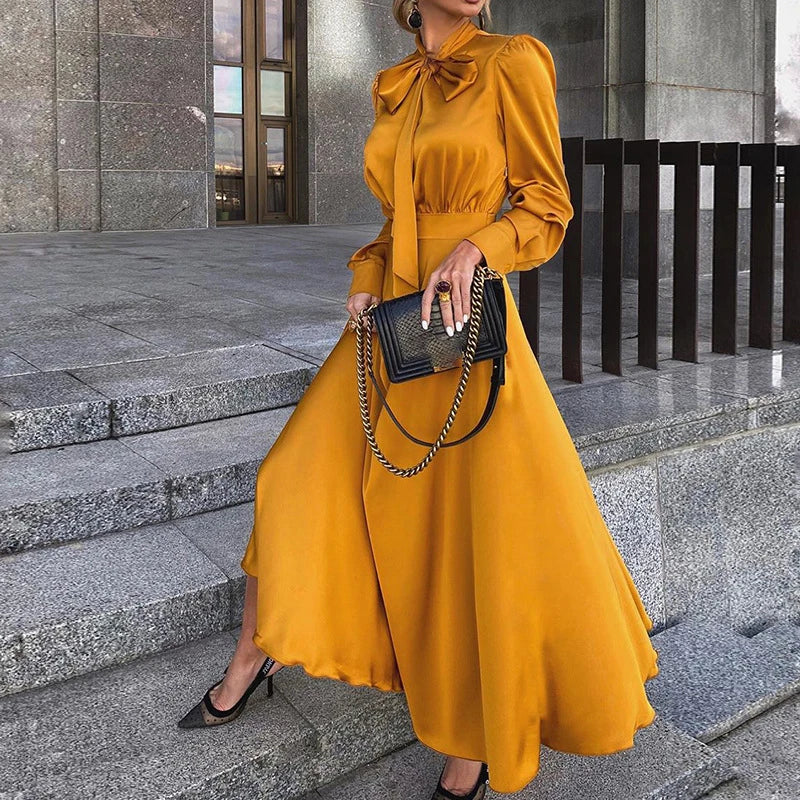 Advbridge Elegant Bow Collar Big Hem Satin Dresses Luxury Women Bright Color High Waist Party Dress Fall Long Sleeve Loose Maxi Dress