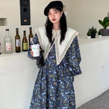 Advbridge  Chic French Vintage Robes Lace Splicing Point Collar Floral Dresses Loose Puff Sleeve Long Dress Female Fashion Vestido