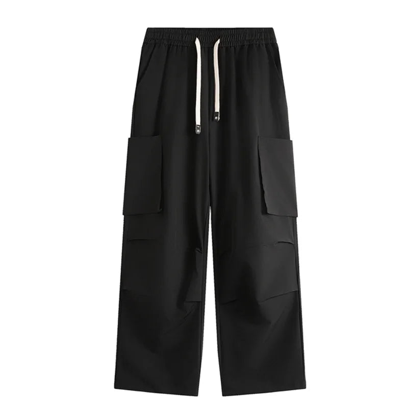 Advbridge New Chic Men's Casual Ice Silk Pants Loose Straight Wide Leg Solid Color Male Drawstring Trousers Summer Simple 2024