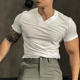 Advbridge Men's Fashion Casual T Shirt Summer New Solid V-Neck Short Sleeve Top Tight Tee Shirts Muscle Male Workout Sexy T-Shirt LGBT