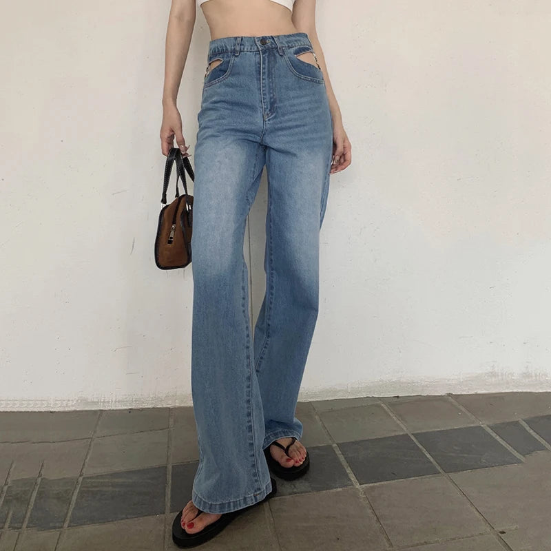 Advbridge -  Sexy Lace Hollow Out Waist Jeans Women Metal Chain High Waist Denim Pants Female High Street Straight Trousers Fashion Harajuku